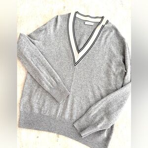 Sandro Gray Cashmere Sweater with Cream and Black V neck Trim size L